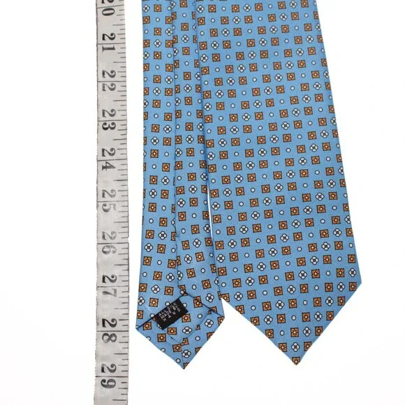 Drake's NWT Neck Tie in Light Blue with Orange/White Geometric Pattern 100% Silk
